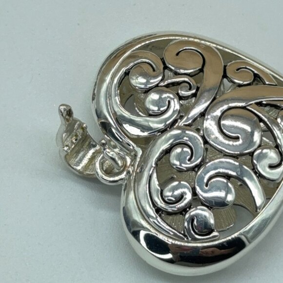 Puffy Heart Necklace Silver Tone Open Work Scroll Design Black Silver Rope Chain - Picture 8 of 8